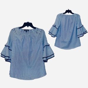 Boutique striped pearl shoulder bell sleeve blouse